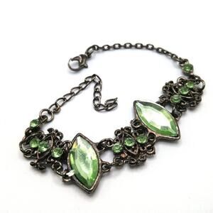 Green Rhinestone Link Bracelet, Rustic Silver Tone, 8 1/2 Inches